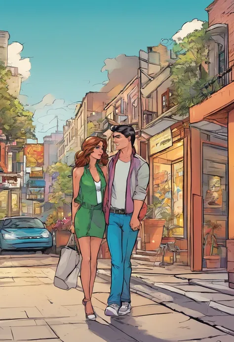 Sexy woman and handsome man, in the streets, Comic Storyboard:1.8, cartoon strip, hiperHD, 24K UHD