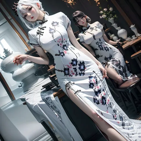 A hot white haired anime girl with big breast and big ass wearing white Qipao, full bodys, tight qipao