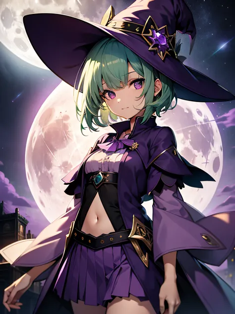 top-quality、extremely delicate and beautiful、(A teenage girl)、Purple Eye、Green hair、short-haired、(purple witch hat)、Purple tie、Soio、shortsleeves、Purple skirt、Purple Wizard Robe、Navel、is standing、Full moon night on background