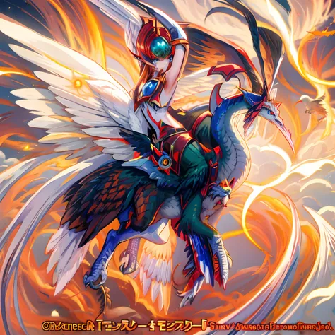 Anime character flying in the sky with a bird on his back, Serafines, Dragon Phoenix Medusa, "Wallpaper of a phoenix resting, wallpaper of a phoenix, The Solarpunk Phoenix, Angemon L sentado en el Lanzado, Ophanim has bird wings, blue eyes white dragon, Au...