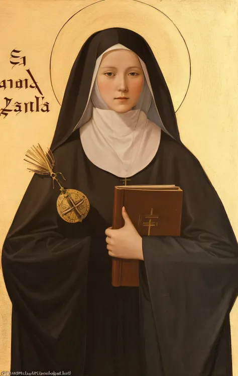 painting of a nun holding a book and a cross, portrait of hildegard von bingen, inspired by Taddeo Gaddi, by Taddeo Gaddi, inspired by Geertgen tot Sint Jans, by Antonio de la Gandara, majestic saint woman, inspired by Fede Galizia, by Giotto, inspired by ...