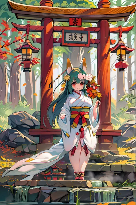 Fox Woman、body covered with fur、huge-breasted、kawaii、shrine maiden、Japan white clothes,Red Hakama、torii gate,((High Position))、A big smile、bbw、thick thight、big butts、Ultramammy,Chibi,Nanachi, autumn day,kaede、 Pines, Anime Background Art, japanese art styl...