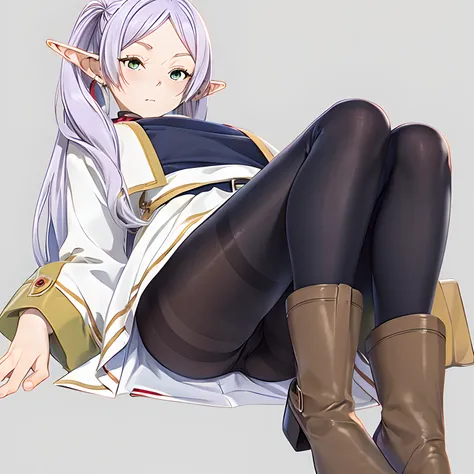 ((masutepiece)), (Best Quality), hight resolution, Ultra-detailed,
1girl in, earrings, elf, Long hair, Long sleeves, pointy ear, Solo, Twin-tailed, Green eyes, earrings, White hair, Looking at Viewer,
white capelet, long boots, Brown Footwear, ((Black pant...