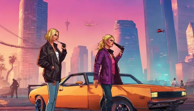 GTAV loading screen 2D graphics, wide angle, full body, blonde girl standing smoking a joint, holding a chiwawa and a pitbull with a chain on a leash GTA5 character, cinematic composition, in front of a city, shader, bright cinematic lighting, soft contras...