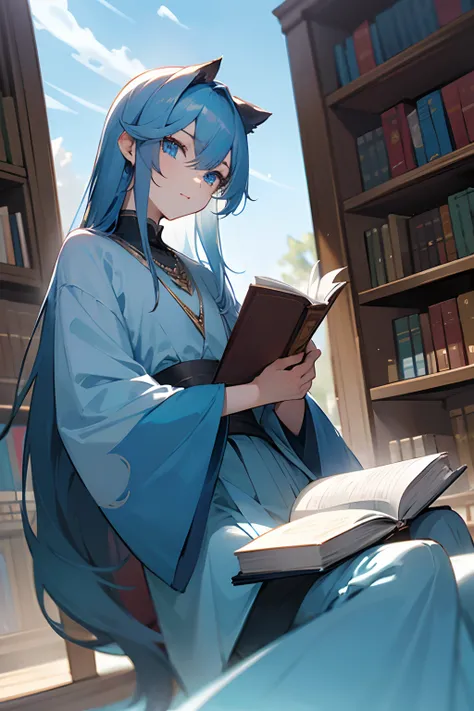 Fantasia,shoun,Having a book,bookcase,ren,​​clouds,blue-sky,silber hair,blue eyess,