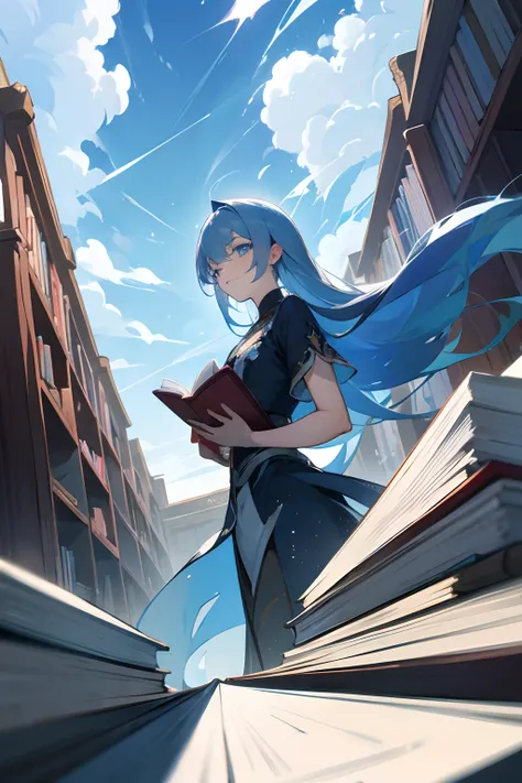 Fantasia,shoun,Having a book,bookcase,ren,​​clouds,blue-sky,silber hair,blue eyess,