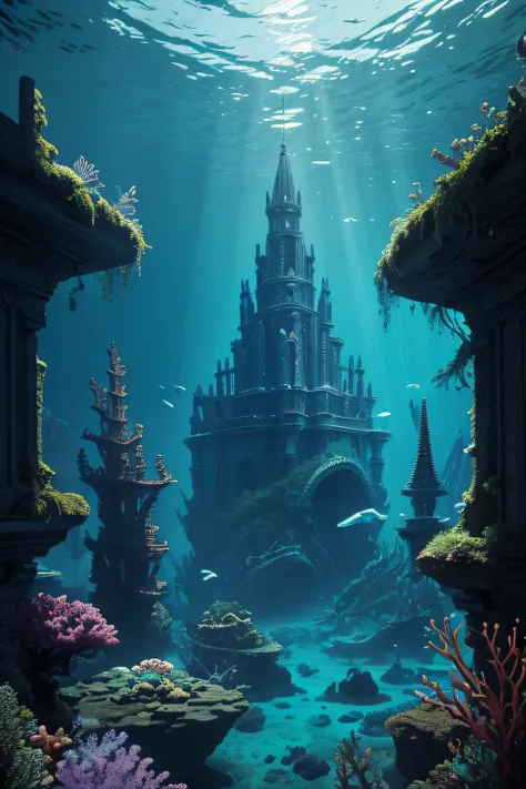 (best quality,4k,8k,highres,masterpiece:1.2),ultra-detailed,(realistic,photorealistic,photo-realistic:1.37),medieval building under the sea,atlantis sea temple,beautiful and intricate architecture,underwater view,detailed stonework,elaborate sculptures,gol...