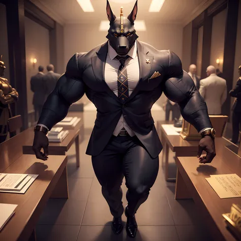 Anubis the egyptian god muscled  with huge torso , huge arms ,huge  pecs , huge lesgs , in suit with a tie like bodyguard outfit ,  full body