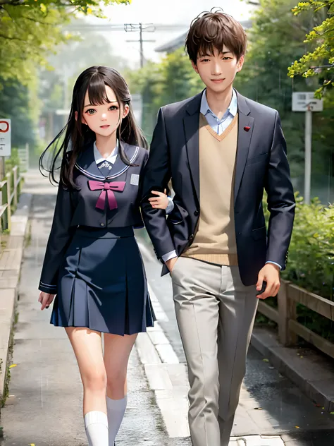 Cute couple walking on rain, featuring highly detailed facial features and cartoon-style visuals.korean school uniform,forest road,charm,pleasure