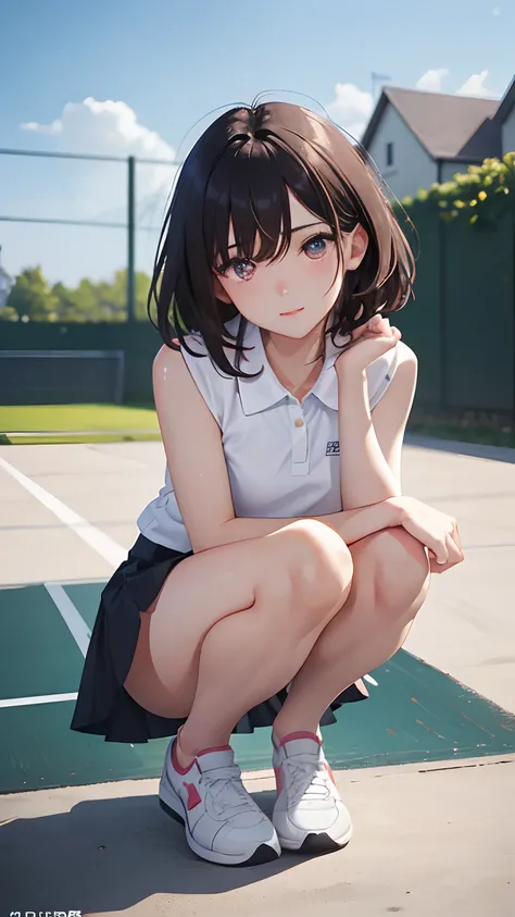 1girll, 独奏, White polo shirt, White sneakers, Tennis Wear, white mini-skirt, tmasterpiece, best qualtiy, realisticlying, ultra - detailed, (shiny skins, perspired:1.4), absurderes, looking at viewert, With short black hair, with brown eye,slender,dynamic l...