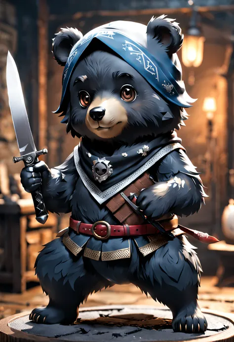 full bodyesbian、Cool black bear、Pop black bear、diorama、symple background、White background、bandana、Holding a knife in your hand、​masterpiece, Best Quality, Capture super cute moments, depth of fields, ultra-detailliert, Ultra High Resolution, Octadale, 8K, ...