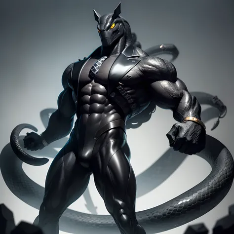 Humanoid  snake muscled ,  with a snakes head black with  a tail with 2 huge arms ,  in suit with a tie , full body