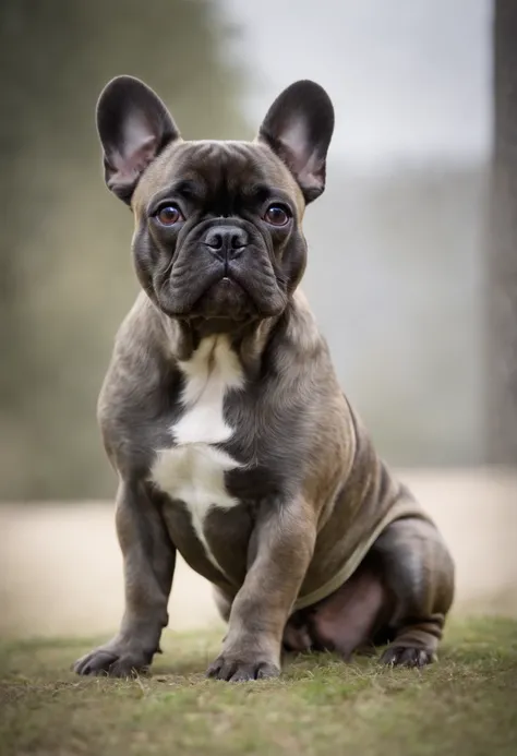 Frenchbulldog,pretty,(masterpiece),gray background,Brindle