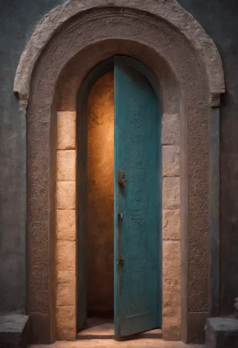 /imagine prompt: Design a heavenly-looking door, with cosmic colors that represent the vast universe, En el centro de la puerta, Engrave ancient symbols and writings that evoke a mysterious and universal language, A ambos lados de la puerta, Carving images...