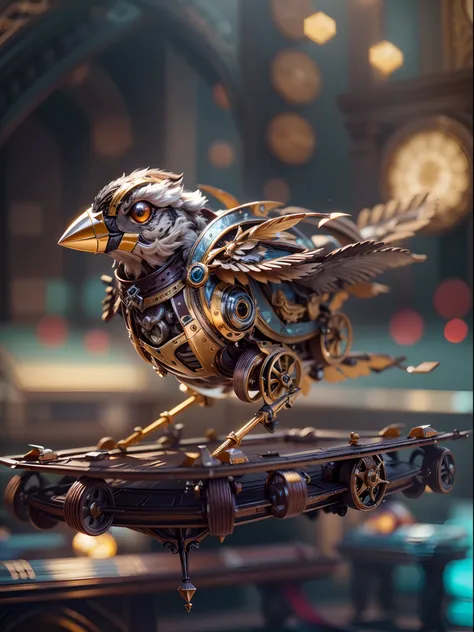 A mechanical sparrow, full mechanical body, extremely detailed, ultra detailed, detailed background, blurred background, wide angle , 24K UHD graphics, shining and glowing lit effects, full bidy mechanical sparrow, two legs, perfect details