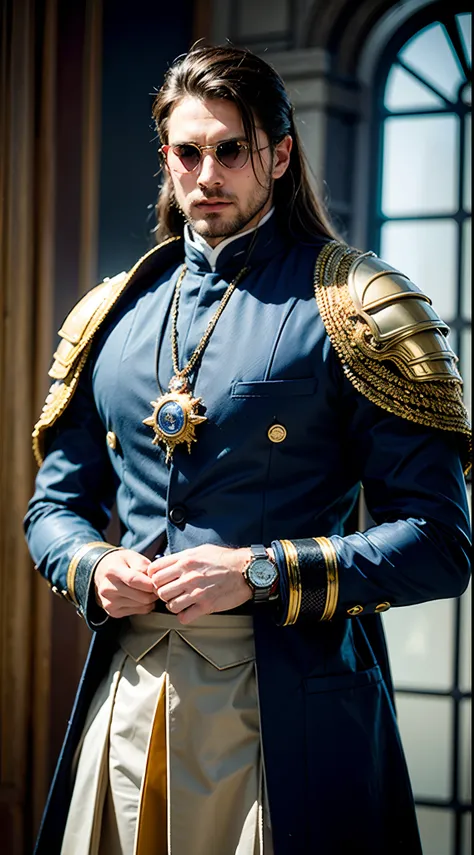 Show off the watch in your hand, The watch should be in the middle of the screen, A fashion mix of medieval armor and suits，Arafeld man adjusts tie with watch, Modern men, White French, Brown hair, Blue eyes, The upper part of the body