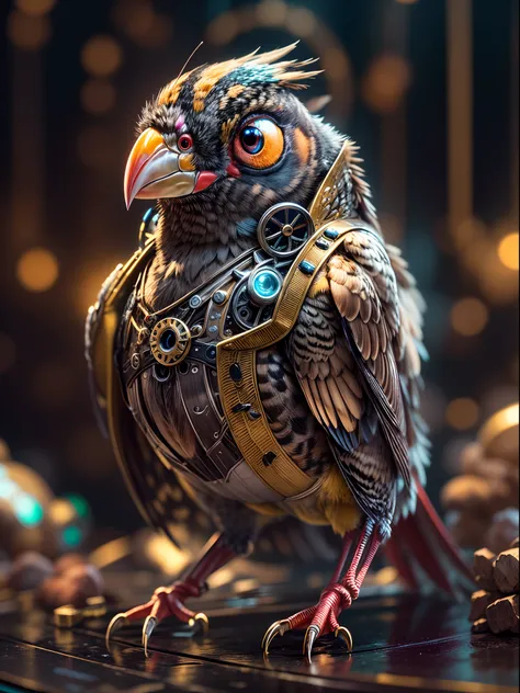 A mechanical finch, full mechanical body bird, extremely detailed, ultra detailed, detailed background, blurred background, wide angle , 24K UHD graphics, shining and glowing lit effects, full bidy mechanical finch, perfect details