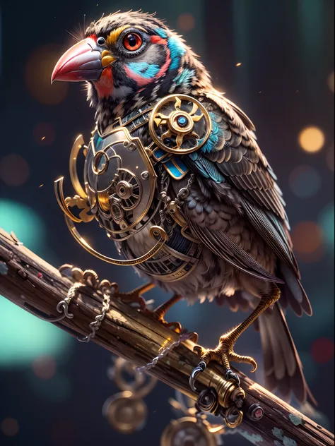 A mechanical finch, full mechanical body bird, extremely detailed, ultra detailed, detailed background, blurred background, wide angle , 24K UHD graphics, shining and glowing lit effects, full bidy mechanical finch, perfect details