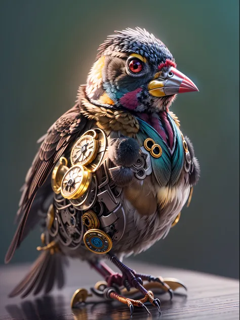 A mechanical finch, full mechanical body bird, extremely detailed, ultra detailed, detailed background, blurred background, wide angle , 24K UHD graphics, shining and glowing lit effects, full bidy mechanical finch, perfect details