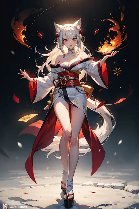 One girl with white fox ears，1 large snow-white tail ,Perfect face,Radiant skin,Flowing beautiful shoulder-length silver hair， Very large breasts,exposed bare shoulders，slim toned body，Nice sexy body，Engaging pose，Red Eyes ,Five Fingers，Clean long legs， Ja...