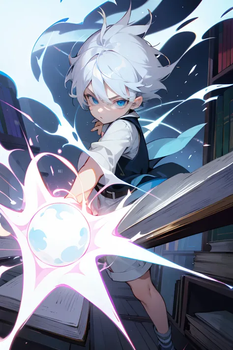 silber hair,blue eyess,short-haired,Having a book,bookcase,ren,Cute,fleeting,The shirt,vests,Short pants,gotik,Male child,attacking magic,Ice Magic,