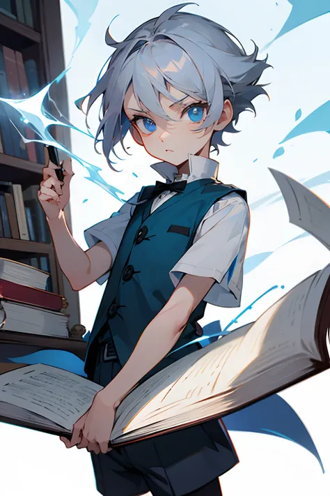 silber hair,blue eyess,short-haired,Having a book,bookcase,ren,Cute,fleeting,The shirt,vests,Short pants,gotik,Male child,attacking magic,Ice Magic,