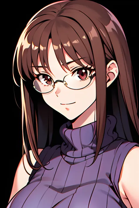 Akiha tohno (tsukihime), akiha tohno, tsukihime, (masutepiece, Highest Quality), Beautiful and aesthetic, 1girl, Idol, Elegant, (16 years old), dark brown hair, Portrait, ldightsmile, (Sleeveless knitwear), Entire upper body, Simple background, big round r...