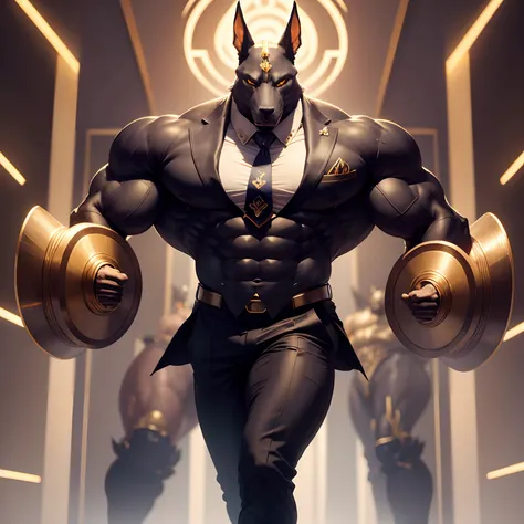 Anubis the egyptian god muscled  with huge torso , huge arms ,huge  pecs , huge lesgs , in suit with a tie like bodyguard outfit ,  full body