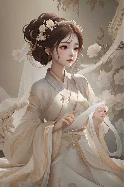 there is a woman in a white dress holding a flower, Ethereal beauty, Beautiful digital artwork, Beautiful character painting, Palace ， A girl in Hanfu, Ethereal fantasy, a beautiful woman in white aodai, style of wlop, White Hanfu, A beautiful artwork illu...