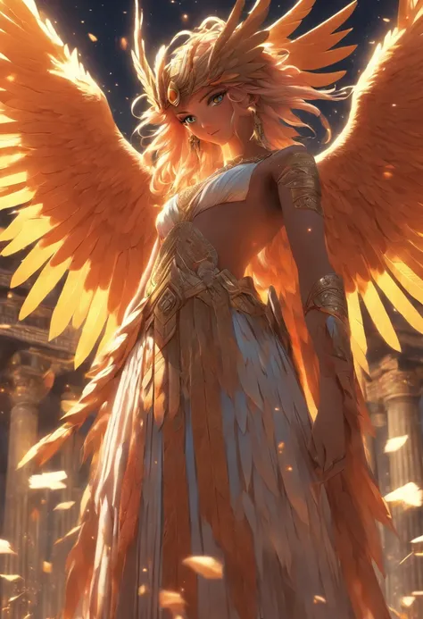 (((INANA))) best quality, ultra-high resolution, 4K detailed CG, masterpiece ,Harpy Mythology, Sumerian clothing, Sumerian mythology, ((STANDING POSE)), Sumerian painting, aesthetic, screen-centered