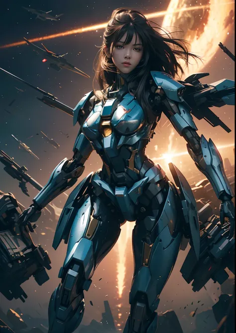 Textured skin, Super Detail, high details, High quality, Best Quality, hight resolution, 1080p, hard disk, Beautiful,(Gundam),beautiful cyborg woman,Mecha Cyborg Girl,Battle Mode,Girl with a Mecha Body,She wears a futuristic Gundam mecha,Fulll body Shot