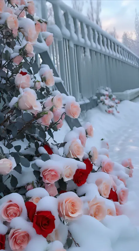 Roses are covered with snow next to bridges and benches, with frozen flowers around her, Beautiful and aesthetic, heavy winter aesthetics, beautiful aesthetic, Cold but beautiful, 4 0 9 6, with soft bushes, roses in cinematic light, seasons!! : 🌸 ☀ 🍂 ❄, Be...