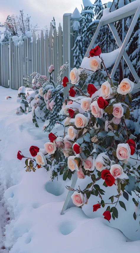 Roses grow on the fence in the snow, with frozen flowers around her, alexey egorov, white and red roses, Beautiful and aesthetic, with soft bushes, roses in cinematic light, author：Kikukawa Sakaeyama, sergey krasovskiy, author：Alexander Deneca, rosette, he...