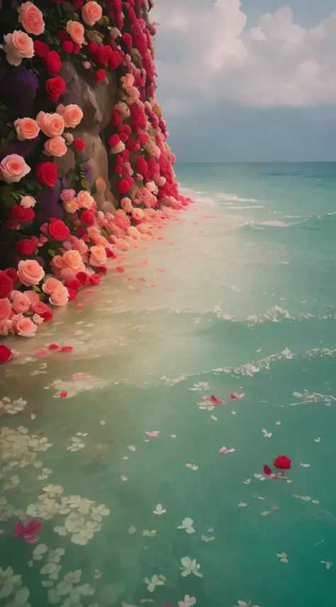 The flowers grow on the rock walls of the ocean with water, flowers sea everywhere, flowers sea rainning everywhere, pastel overflow, petra collins, Beautiful and aesthetic, Beautiful ocean, rosses, surreal waiizi flowers, flowers and waterfalls, author：ay...