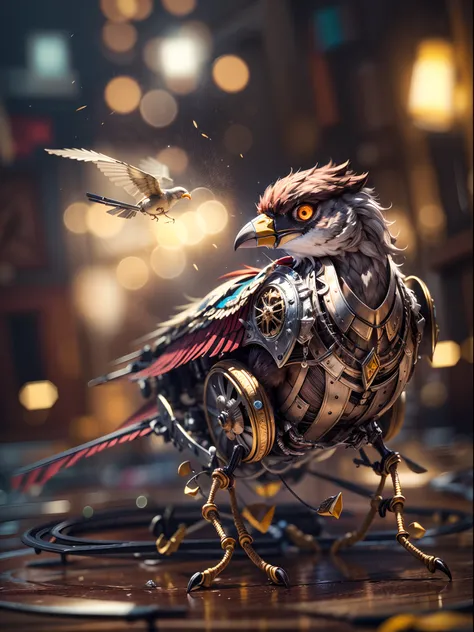 A mechanical sparrow, full mechanical body, extremely detailed, ultra detailed, detailed background, blurred background, wide angle , 24K UHD graphics, shining and glowing lit effects, full bidy mechanical sparrow, two legs, perfect details