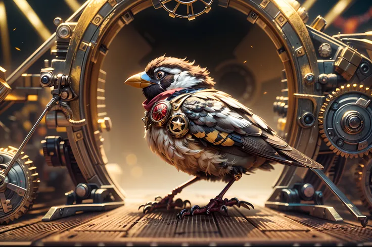 A mechanical sparrow, full mechanical body, extremely detailed, ultra detailed, detailed background, blurred background, wide angle , 24K UHD graphics, shining and glowing lit effects, full bidy mechanical sparrow, two legs, perfect details