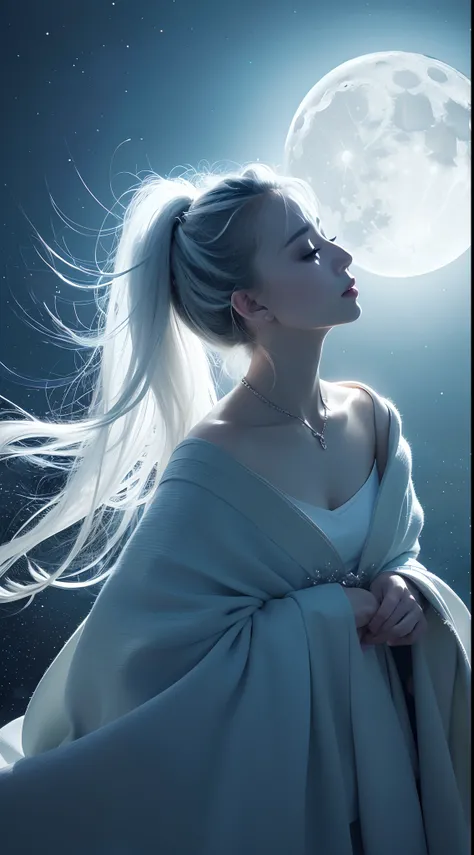 Masterpiece, (Best Quality: 1.2), (Super Fine: 1.2), Illustration, (Extremely Delicate and Beautiful: 1.2), Film Angle, Floating, (Beautiful Detail Eye: 1.1), (Detail Light: 1.1), Film Lights, Delicate Sky, Woman, White Hair, Blue Eyes, (High Ponytail: 1.1...