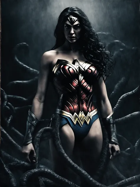 photo realistic back view of wonder woman in bikini attacked by tentacles