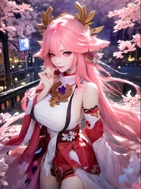 of the highest quality, Beauty and aesthetics, Very detailed, Detailed face and eyes,Anime, 1 girl, Fox ears, Big Breast,Fox Girl,Longhair,Hair color pink,Pink eyes,fluffy tail,walking in city,sexy dress、the chest is hidden、background is cherryblossoms、