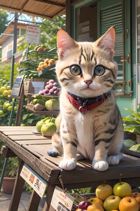 A round-eyed cute cat,sit on chair, fruit stand,exteriors.