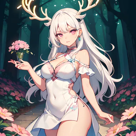 Midriff, upskirt, Tight dress, Lingerie, Skimpy outfit, Slutty, Sexy, (((masterpiece, best quality))), (((thicker lines))), (((Sharp focus))), ((bokeh)), 1girl, (((white hair))), (((deer antlers, covered in flowers))), flower earrings, (((light pink eyes))...