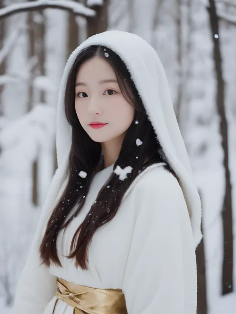 Long hair shawl，Dressed all over white，There was a gold band tied around his hair。This girl is dressed like a fairy，Skin wins snow、Beautiful；Brilliant complexion，Unpressed。