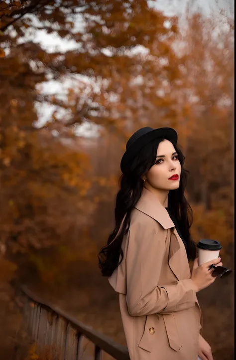 Woman in a black hat, Holding a cup of coffee in his raincoat, in the autumn, straw hat and overcoat, in a long beige trench coat, Black Stetson and coat, 1:3,5mm Nikon Portrait, 7 0mm portrait, in a leather raincoat, 60mm portrait, mysterious coffee shop ...