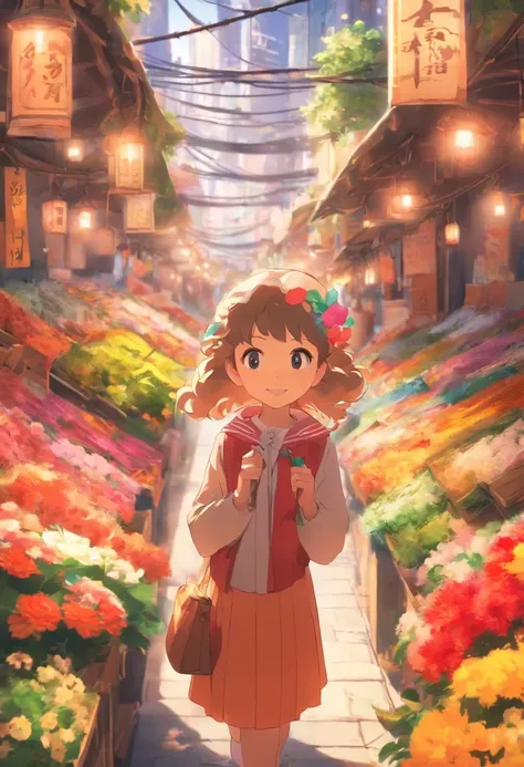 8 years old girl, The flower market sells flowers,streetview.