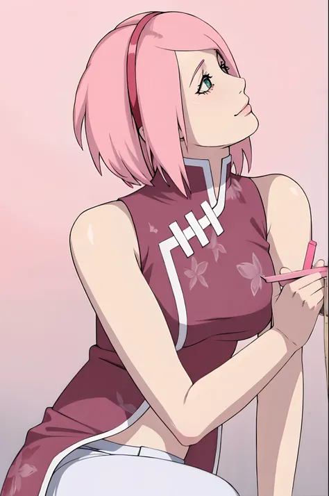 sakura haruno, beautiful woman, pink hair, short hair, facing sideways, smiling, holding penis,