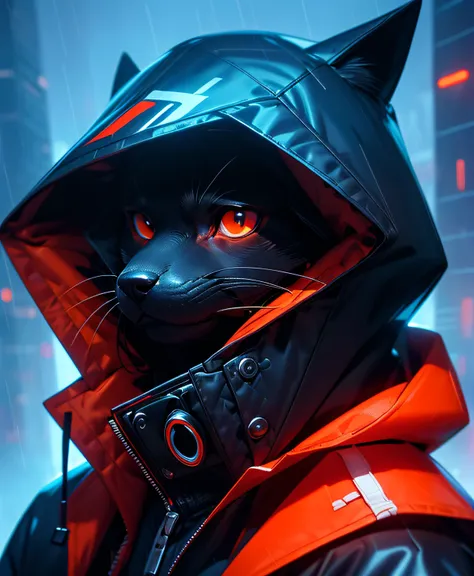 masutepiece, Best Quality, Solo, Rain, hoods, Furry, Hood Up, Jacket, Upper body, hooded jacket, Closed mouth, whiskers, raincoat, Doberman dog, Furry, Sagged ears, brue eyes, Portrait,masutepiece, Best Quality,Black trench coat，Orange pattern，White mask，C...