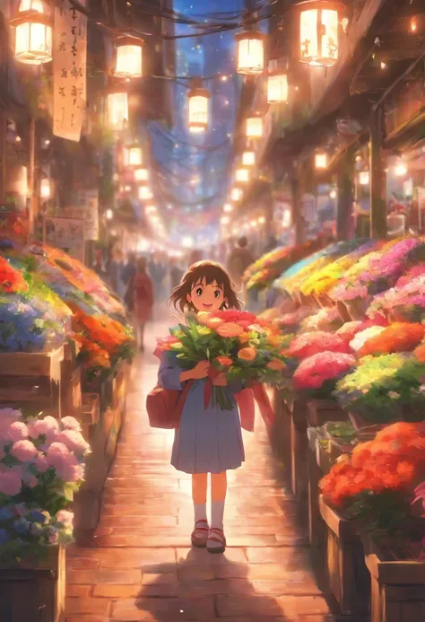 8 years old girl, The flower market sells flowers,streetview.