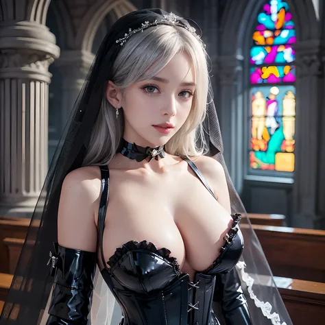 (black theme:1.5), ((black see-through wedding-veil):1.4), ((black latex corset, breast-cup):1.4), (short puff-sleeve:1.3), ((choker):1.3), ((ruffle-skirt):1.4), ((stockings, garter belt):1.3), (black rubber long gloves:1.5), , RAW photo, photorealistic:1....