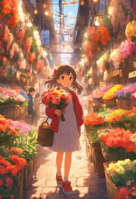 8 years old girl, The flower market sells flowers,streetview.