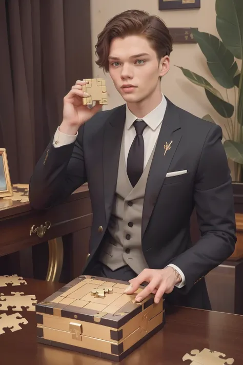 year: 2023. Location: Phoenix. Pre-Raphaelite scene with a 21-year-old Dominic Sherwood, wearing a grey suit, deciphering a ((puzzle box)), ((((Clothing from the 2020s)))) ((Hairstyle of the 2020s)), pastel colors, (((cinematic style)))